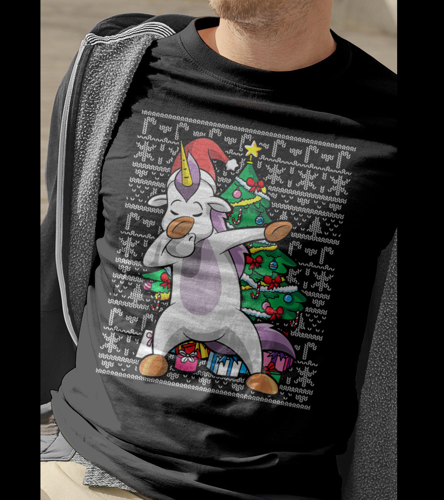 Unicorn Dabbing In Santa Hat By The Christmas Tree With Gifts T-Shirt