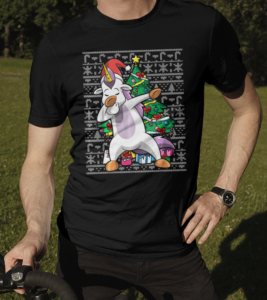 Unicorn Dabbing In Santa Hat By The Christmas Tree With Gifts T-Shirt