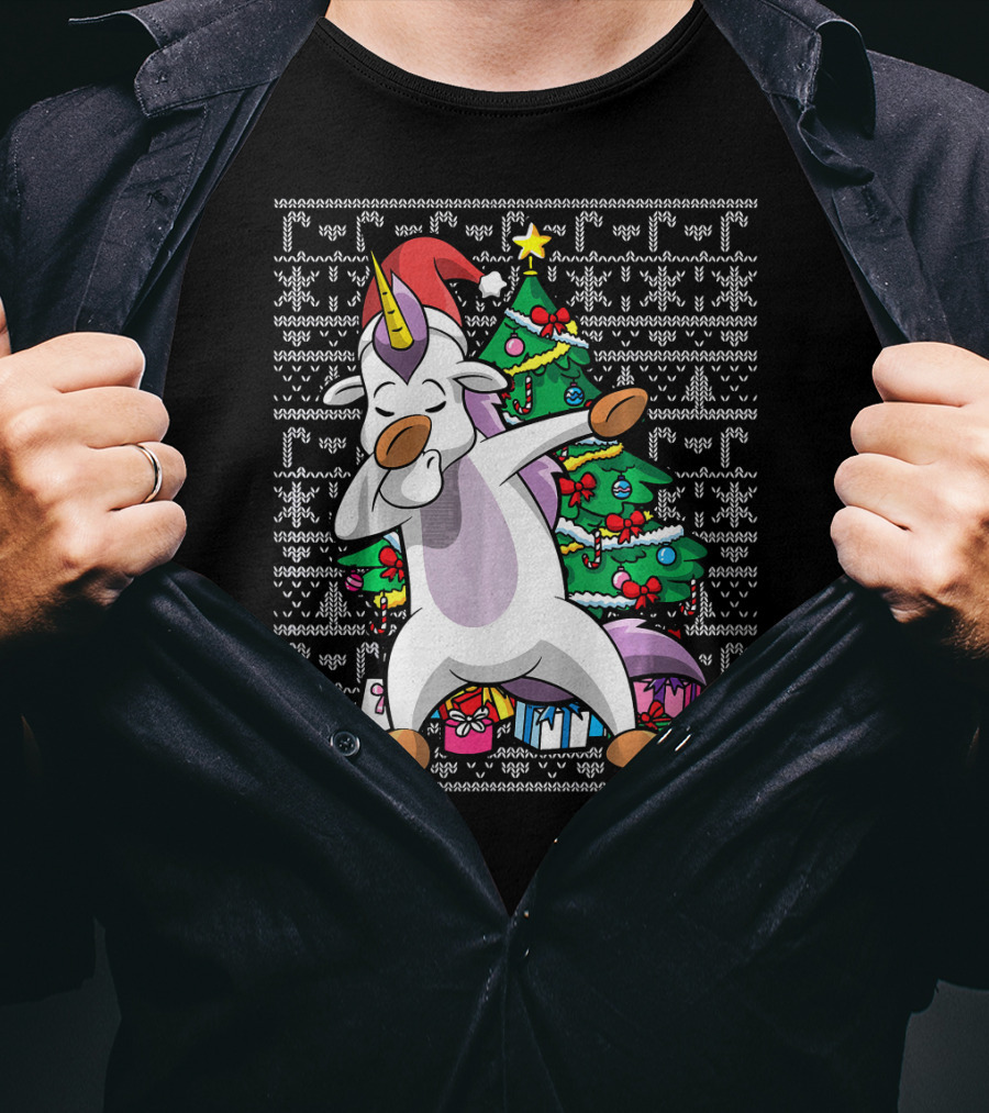 Unicorn Dabbing In Santa Hat By The Christmas Tree With Gifts T-Shirt