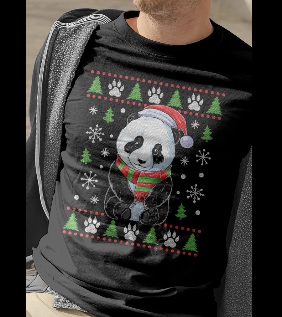 Panda Santa Ugly Christmas Sweater With Trees And Snowflakes T-Shirt