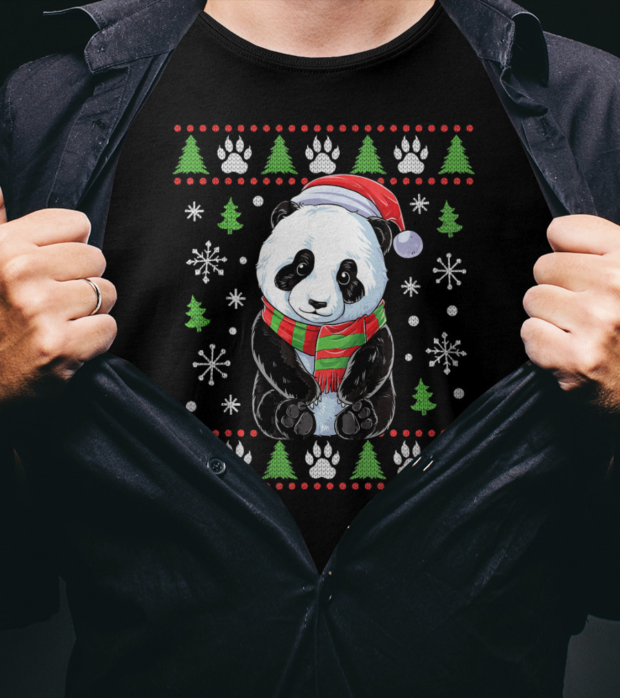 Panda Santa Ugly Christmas Sweater With Trees And Snowflakes T-Shirt