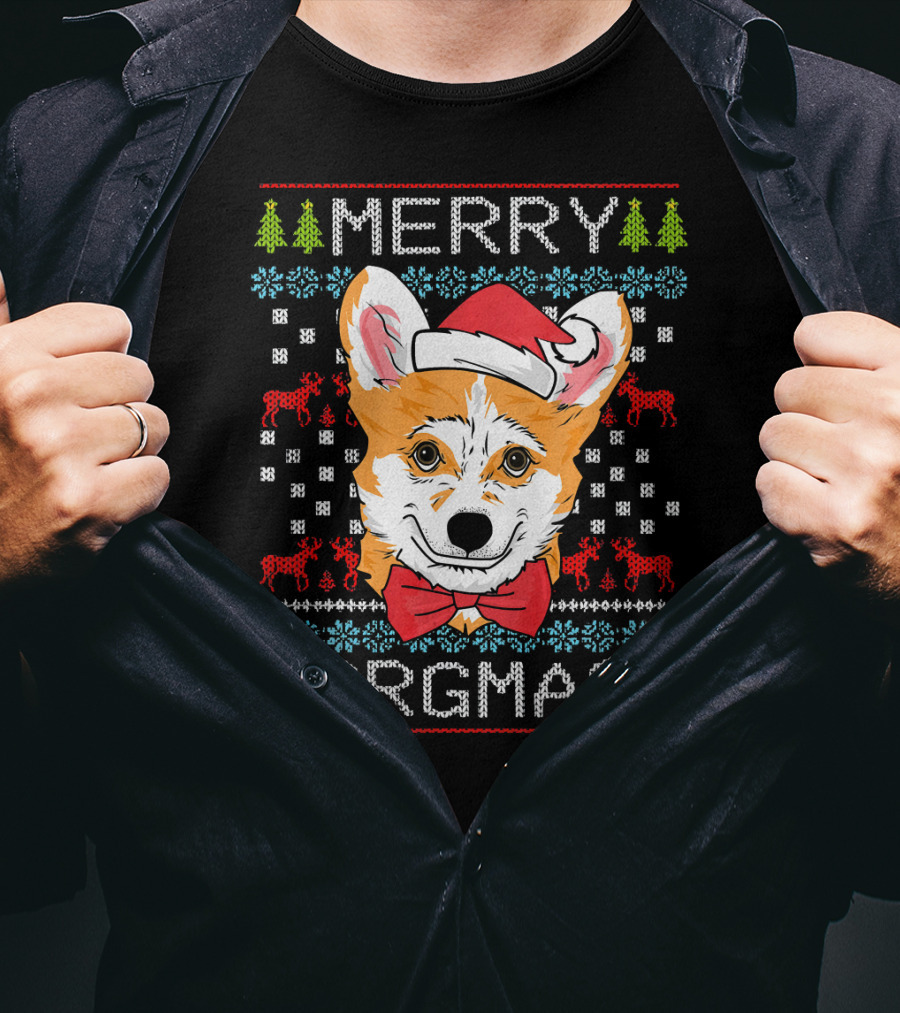 Merry Corgmas Christmas Corgi Santa Hat Festive Trees Bowtie Reindeer T-Shirt