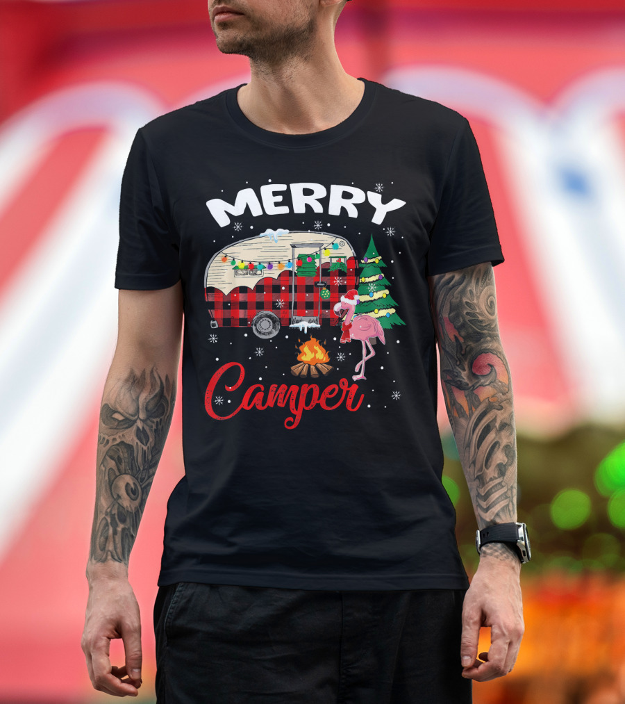 Merry Camper Christmas Camping Flamingo and Campfire Scene T-Shirt