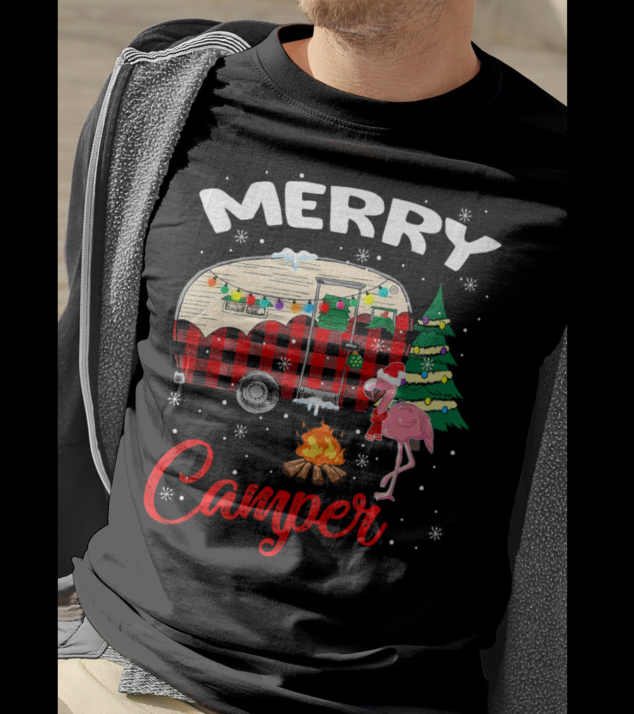Merry Camper Christmas Camping Flamingo And Campfire Scene T-Shirt