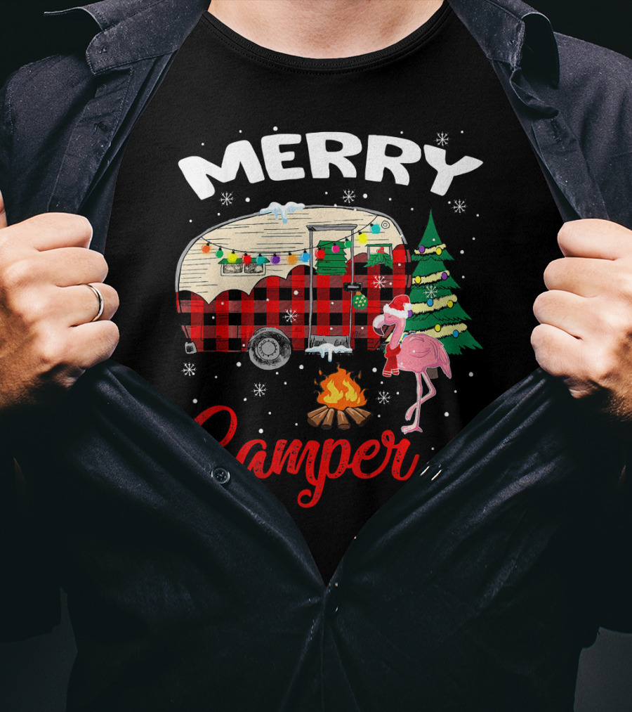 Merry Camper Christmas Camping Flamingo And Campfire Scene T-Shirt