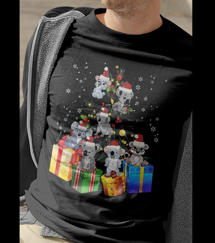 Christmas Koala With Santa Hats And Gifts On Snowy Pine Tree T-Shirt