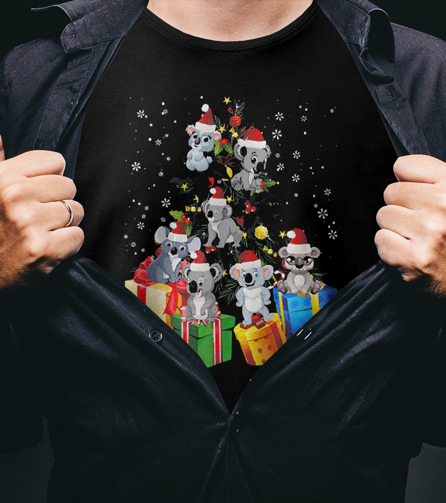 Christmas Koala With Santa Hats And Gifts On Snowy Pine Tree T-Shirt