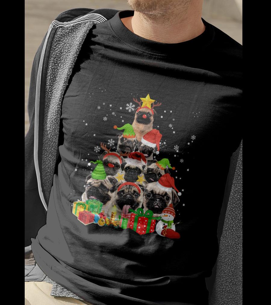 Funny Pug Christmas Tree Xmas With Santa Hats Snowflakes And Gifts T-Shirt