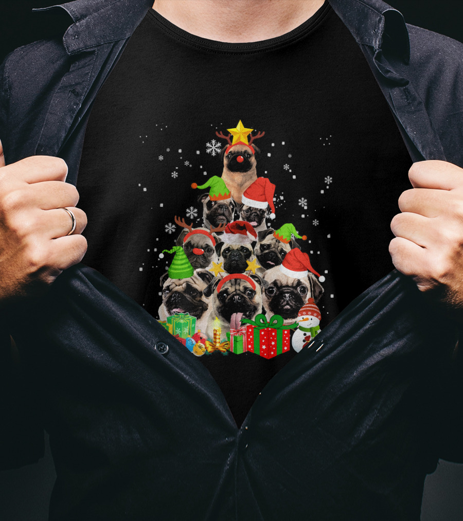 Funny Pug Christmas Tree Xmas With Santa Hats Snowflakes And Gifts T-Shirt