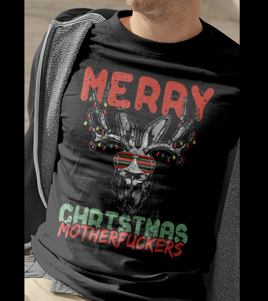 Merry Christmas Motherfuckers Reindeer Skull Holiday Lights T-Shirt