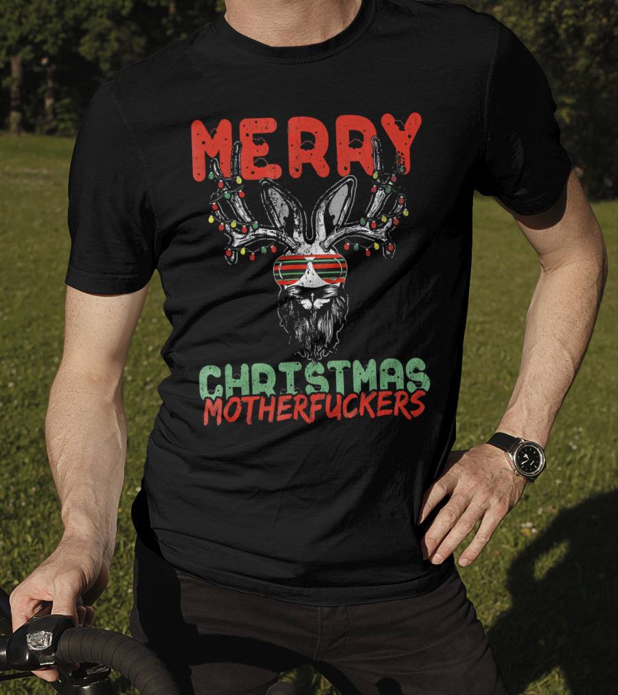 Merry Christmas Motherfuckers Reindeer Skull Holiday Lights T-Shirt