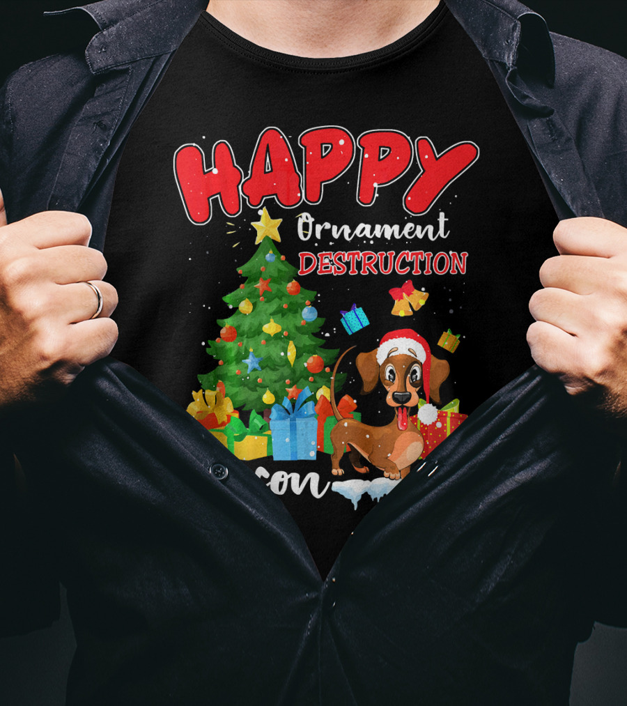 HAPPY Ornament Destruction Season Dachshund Christmas Tree And Gifts T-Shirt