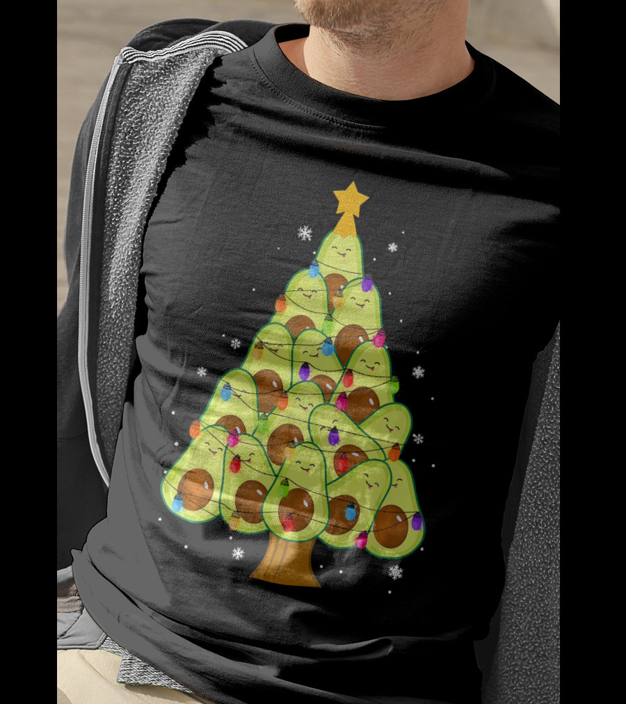 Avocado Christmas Tree With Colorful Lights Vegan Guac Green T-Shirt