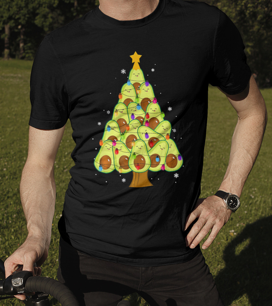 Avocado Christmas Tree With Colorful Lights Vegan Guac Green T-Shirt