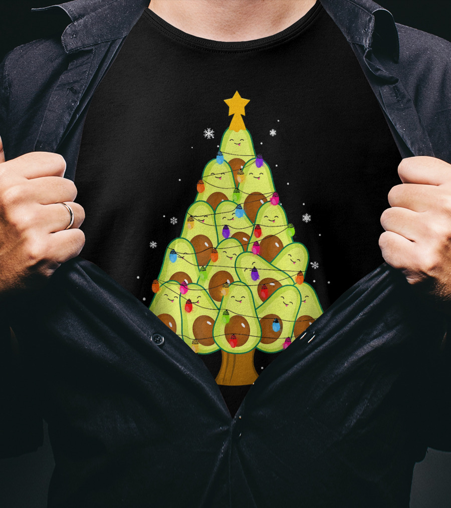 Avocado Christmas Tree With Colorful Lights Vegan Guac Green T-Shirt
