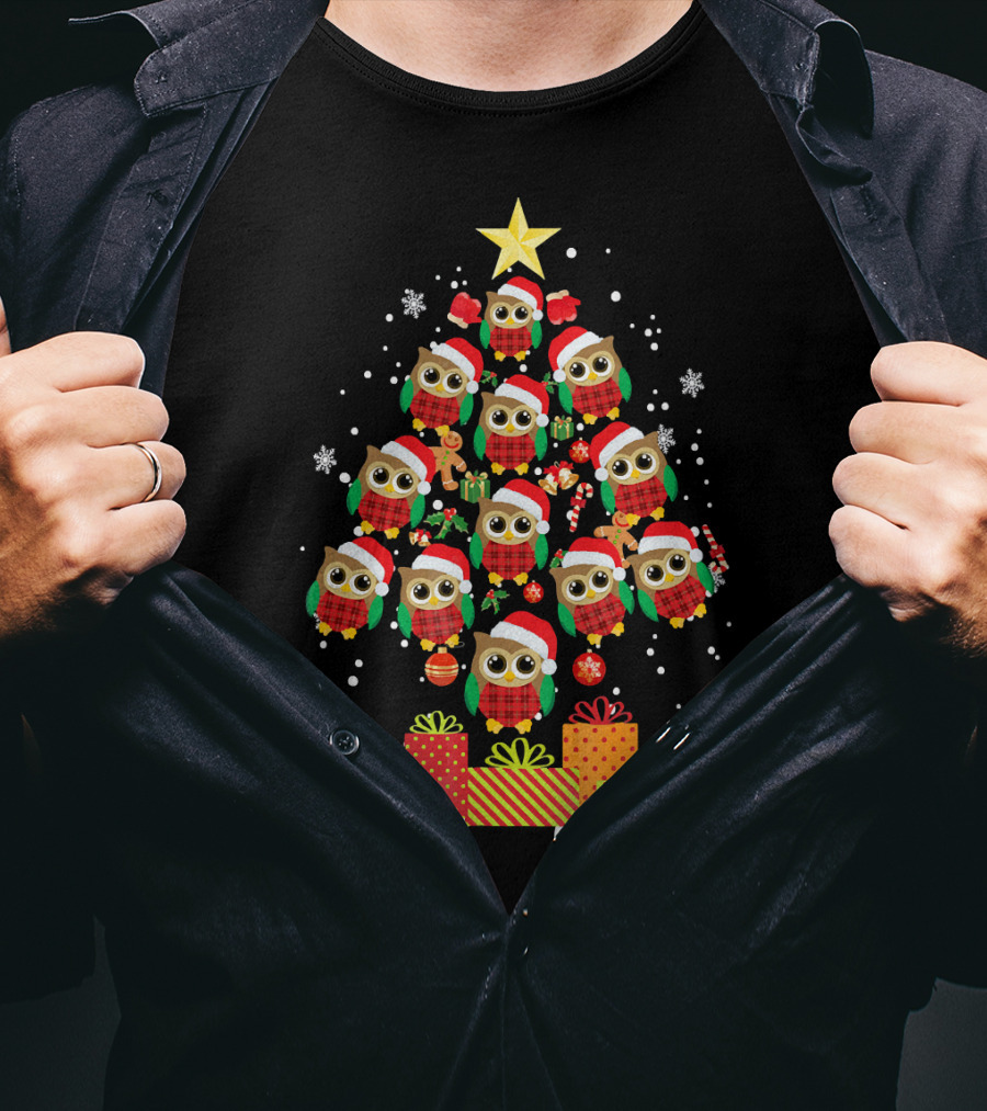 Owl Christmas Tree With Santa Hats And Presents For Owl Lovers T-Shirt