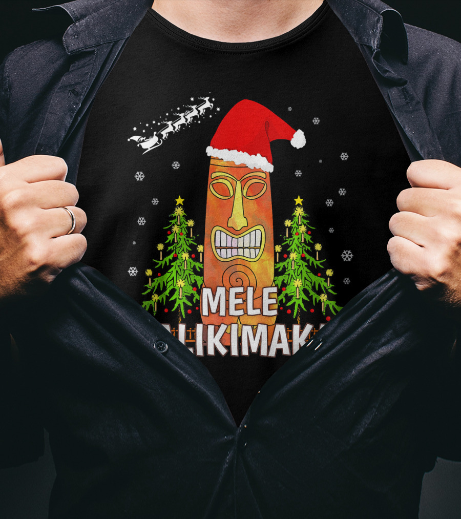 Mele Kalikimaka Santa Hat Tiki Christmas Trees Snowflakes Santa Sleigh T-Shirt