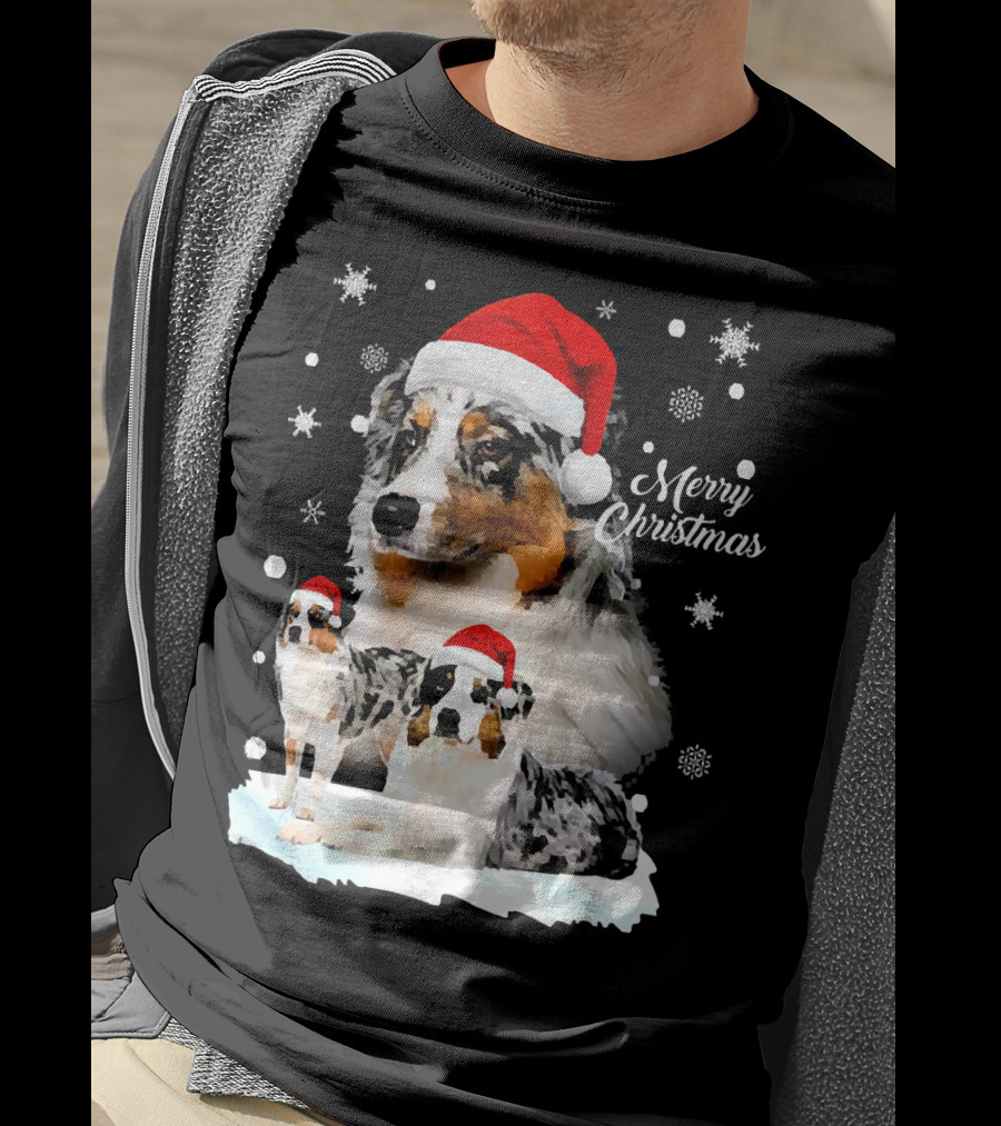 Australian Shepherds Merry Christmas Santa Hats Snowflakes T-Shirt