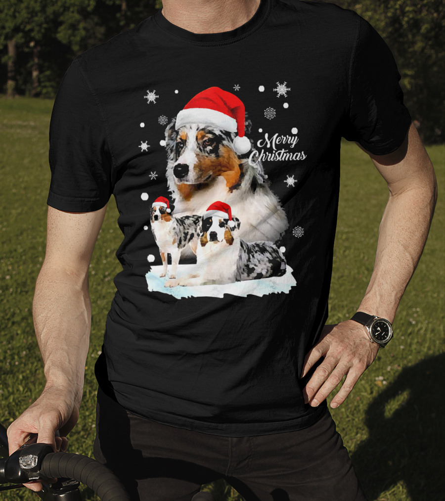 Australian Shepherds Merry Christmas Santa Hats Snowflakes T-Shirt