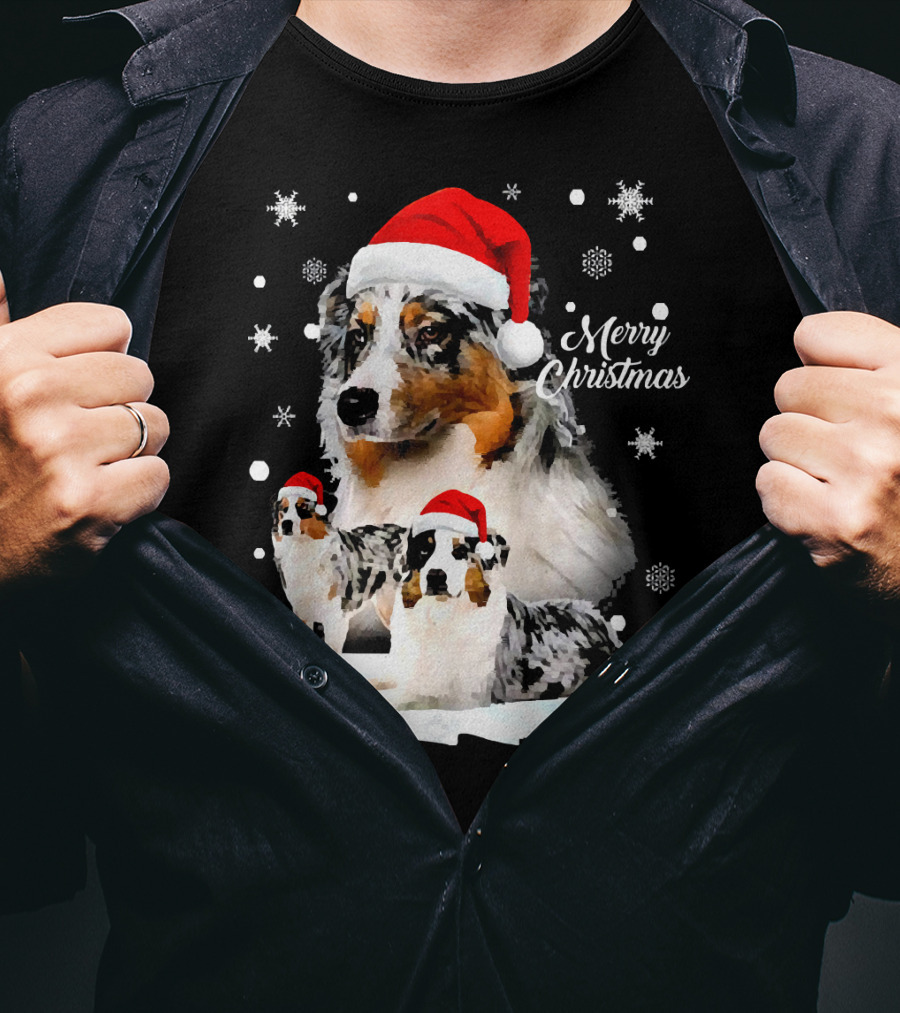 Australian Shepherds Merry Christmas Santa Hats Snowflakes T-Shirt