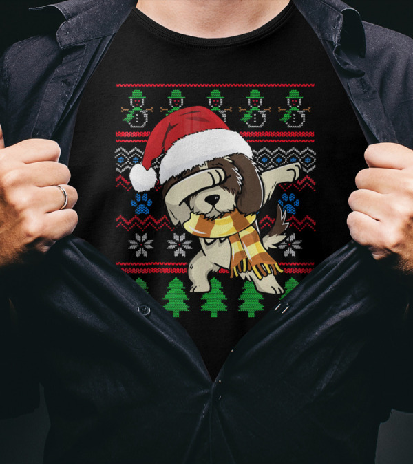 Shih Tzu Dabbing UglyStyle Christmas Santa Hat Scarf Snowflakes Trees T-Shirt