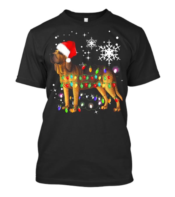 Bloodhound Dog Wrapped In Christmas Lights Santa Hat Snowflakes T-Shirt