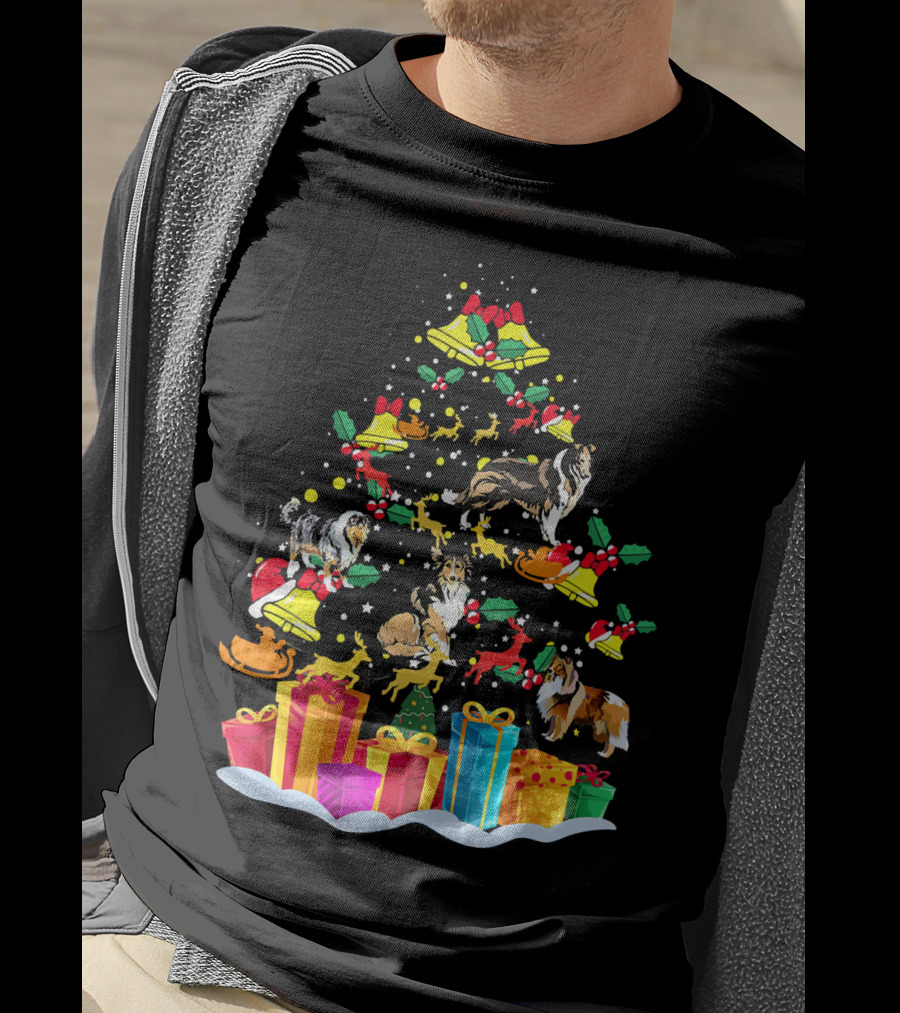 Rough Collie Christmas Tree Funny Reindeer Presents Holiday Bells T-Shirt