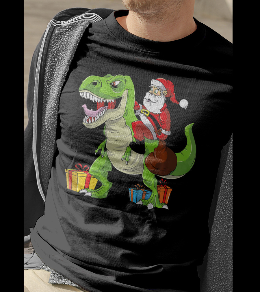 Funny Christmas Kids Santa Riding Dinosaur With Gifts T-Shirt
