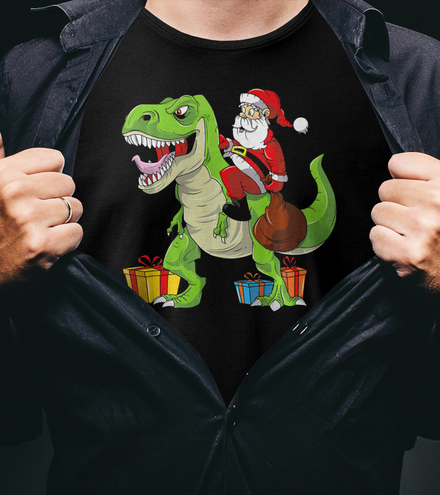 Funny Christmas Kids Santa Riding Dinosaur With Gifts T-Shirt