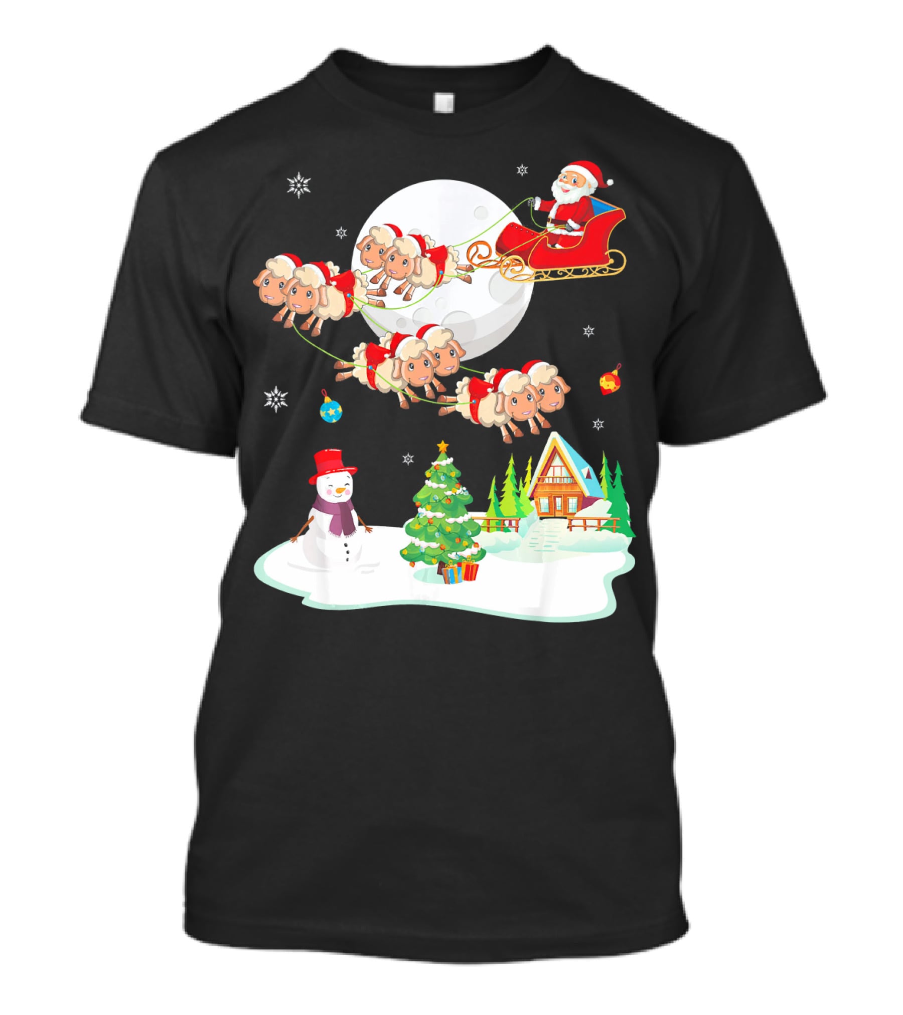 Santa Noel With Dancing Snowman And Sheep Sleigh By Moon T-Shirt