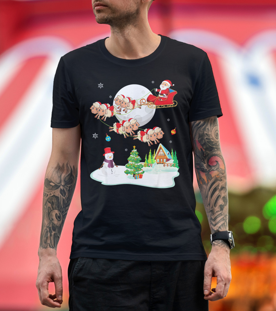 Santa Noel with Dancing Snowman and Sheep Sleigh by Moon T-Shirt