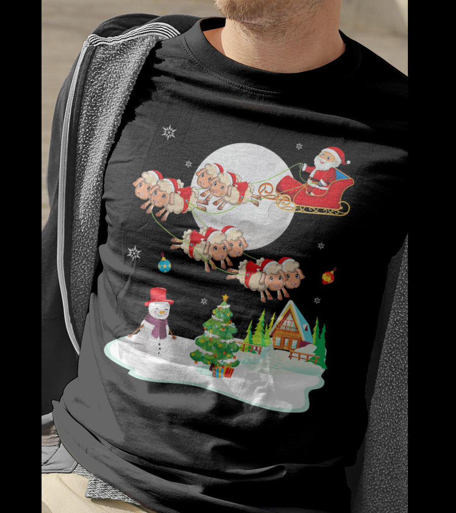 Santa Noel With Dancing Snowman And Sheep Sleigh By Moon T-Shirt