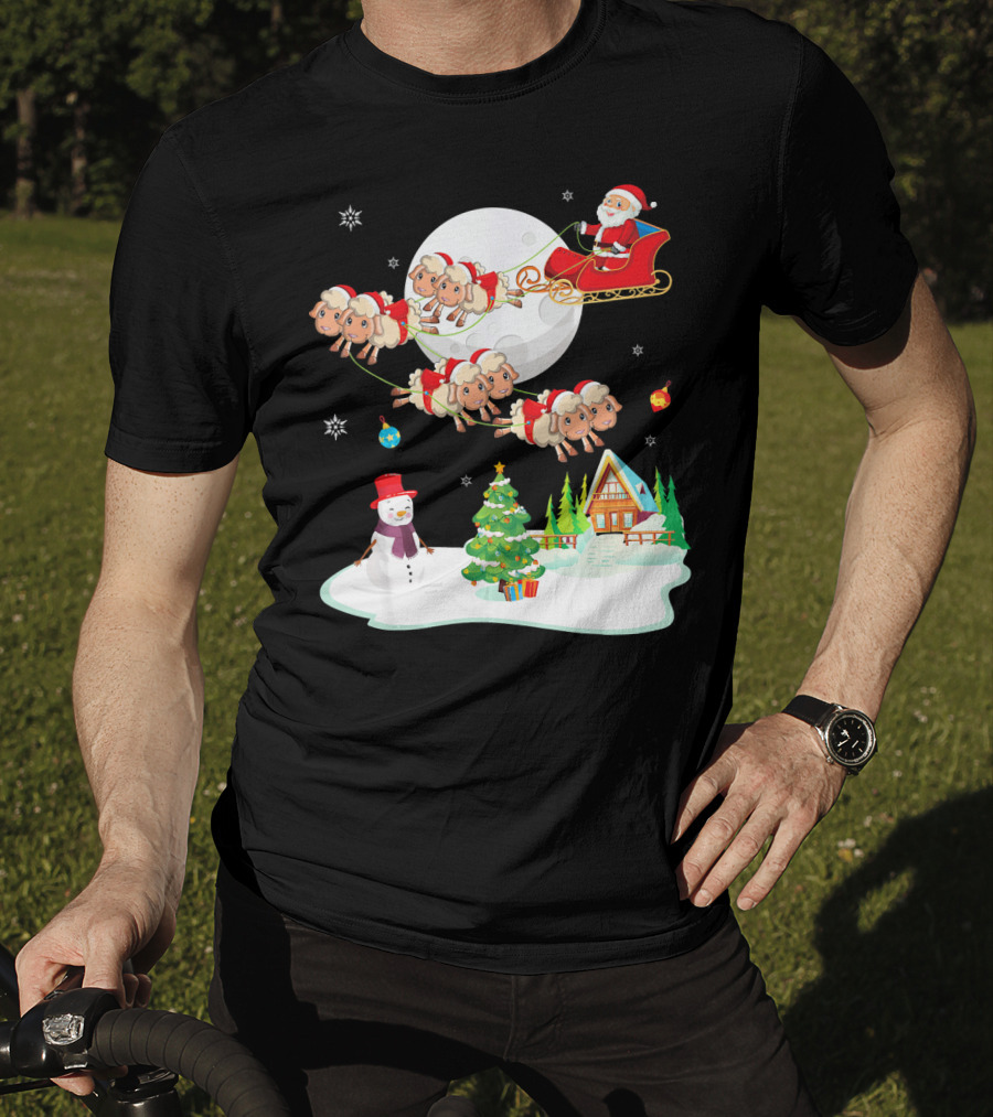 Santa Noel With Dancing Snowman And Sheep Sleigh By Moon T-Shirt