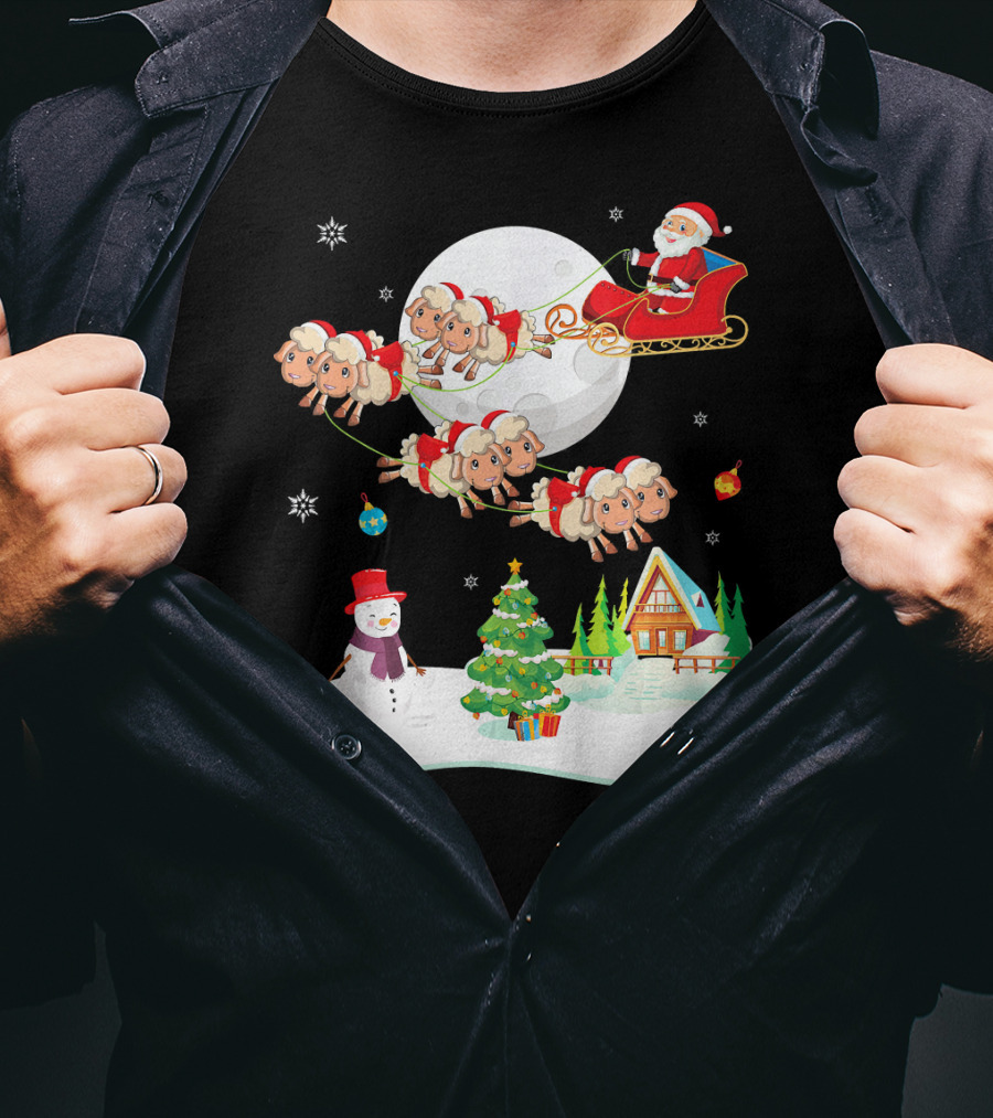 Santa Noel With Dancing Snowman And Sheep Sleigh By Moon T-Shirt