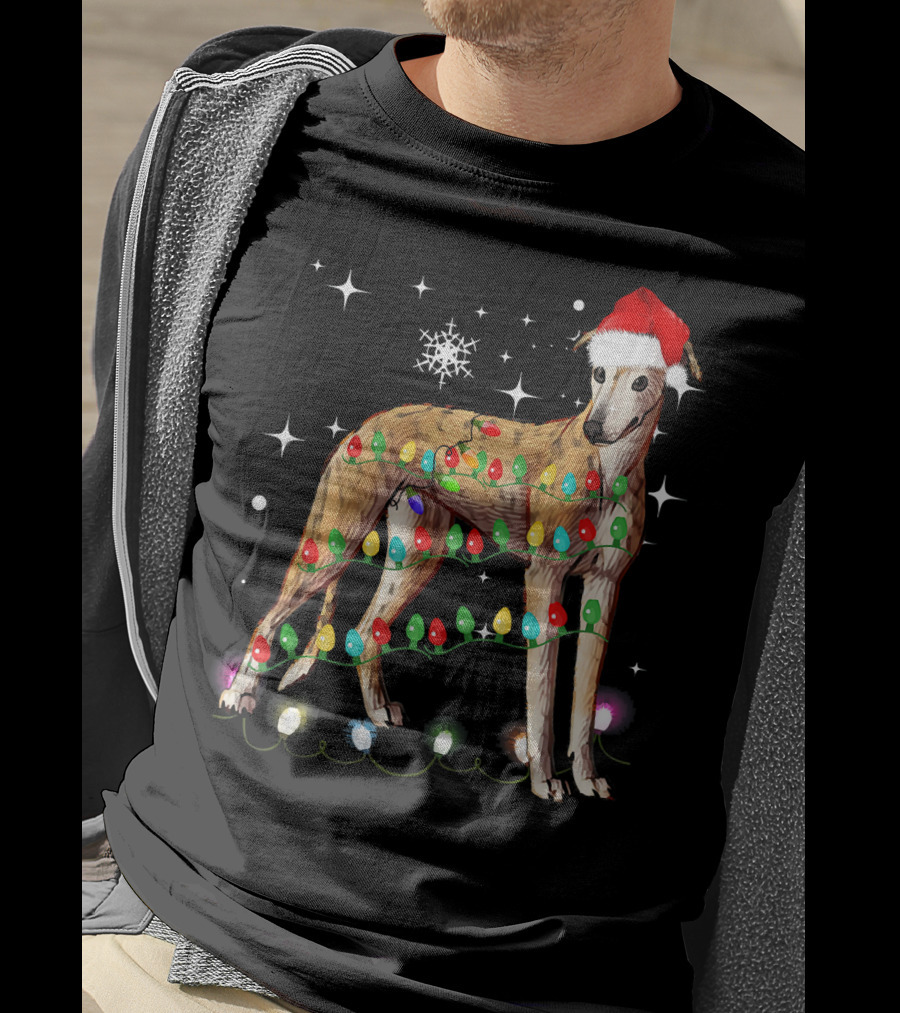 Greyhound Dog With Christmas Lights And Santa Hat T-Shirt