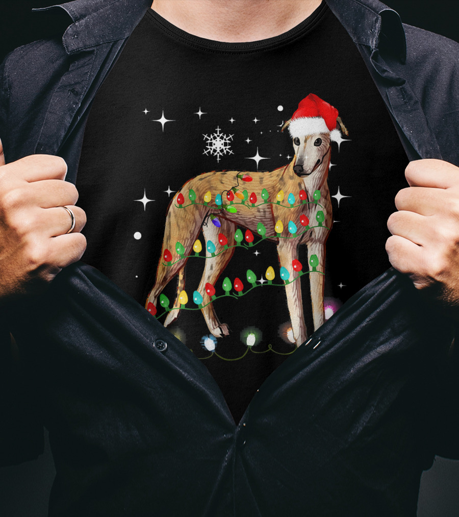 Greyhound Dog With Christmas Lights And Santa Hat T-Shirt