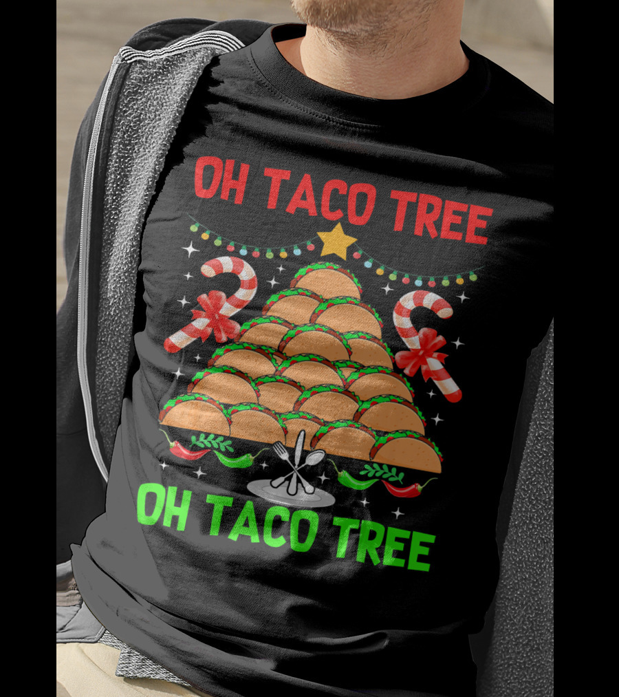 Oh Taco Tree Christmas Candy Cane Funny Party T-Shirt