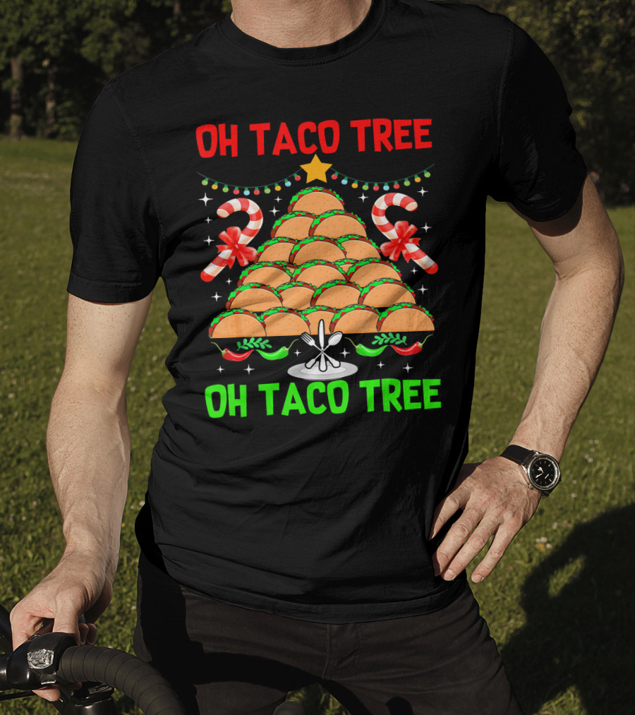 Oh Taco Tree Christmas Candy Cane Funny Party T-Shirt