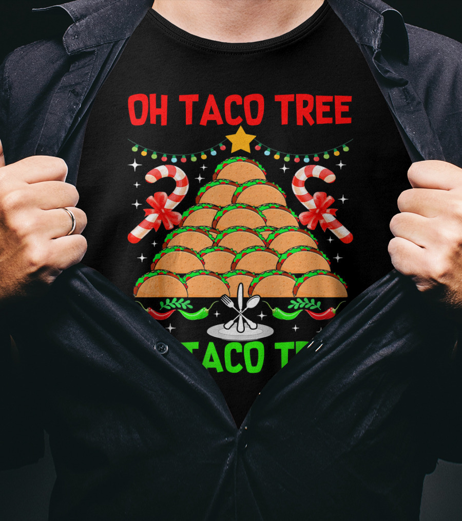Oh Taco Tree Christmas Candy Cane Funny Party T-Shirt