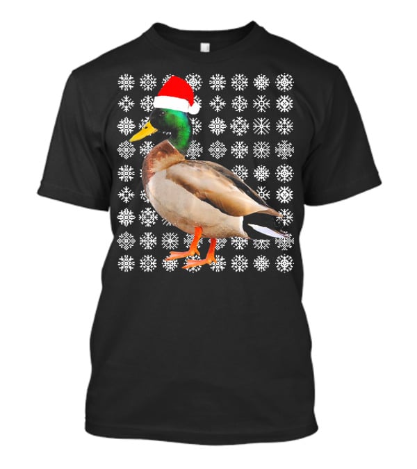 Mallard Duck In Santa Hat With Snowflake Pattern Background T-Shirt