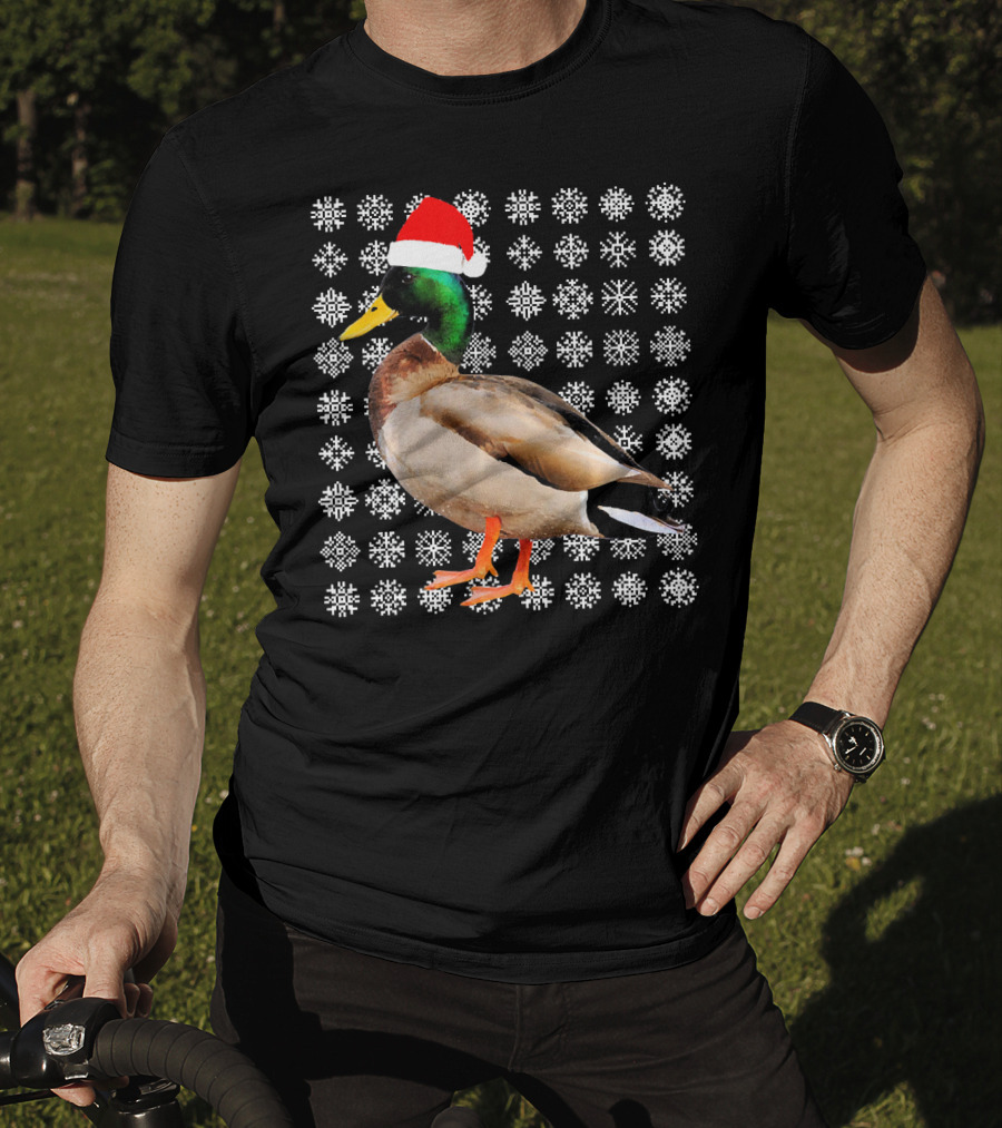 Mallard Duck In Santa Hat With Snowflake Pattern Background T-Shirt