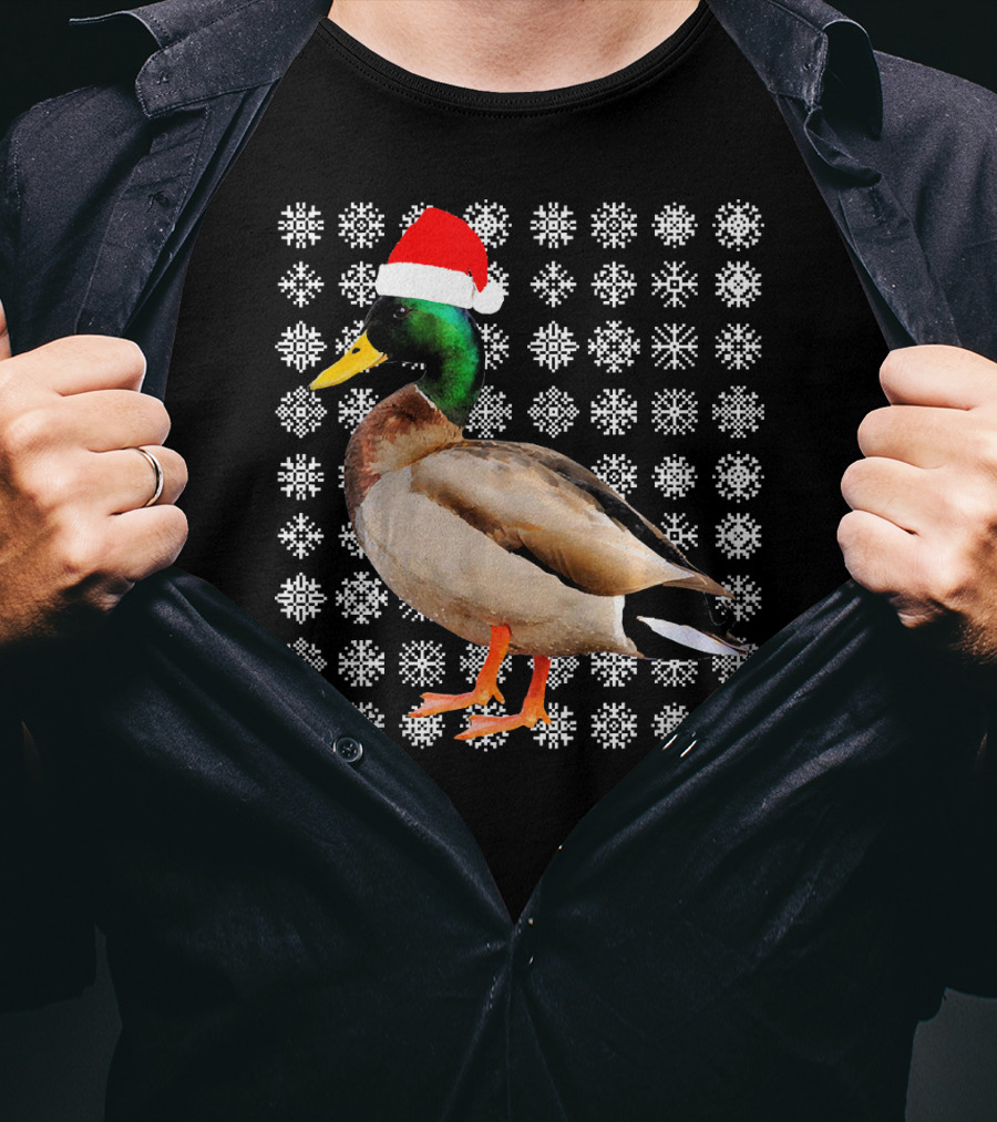 Mallard Duck In Santa Hat With Snowflake Pattern Background T-Shirt