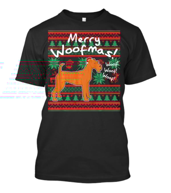 Merry Woofmas Irish Terrier Dog Woof Woof Santas Hat Fair Isle Pattern Sweater Holiday T-Shirt