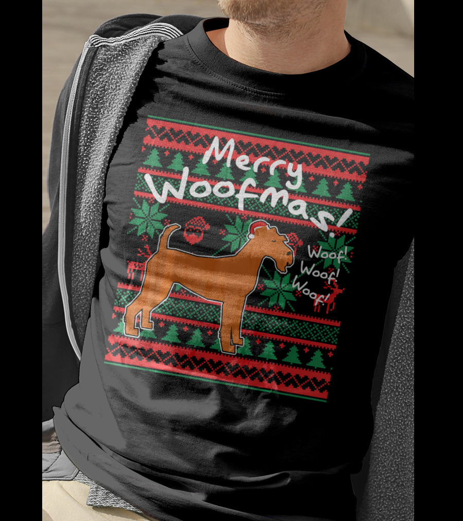 Merry Woofmas Irish Terrier Dog Woof Woof Santas Hat Fair Isle Pattern Sweater Holiday T-Shirt