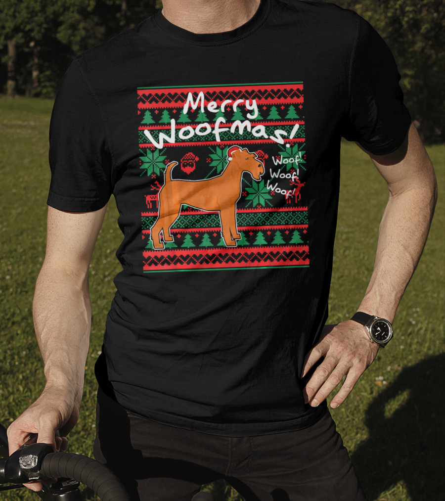 Merry Woofmas Irish Terrier Dog Woof Woof Santas Hat Fair Isle Pattern Sweater Holiday T-Shirt