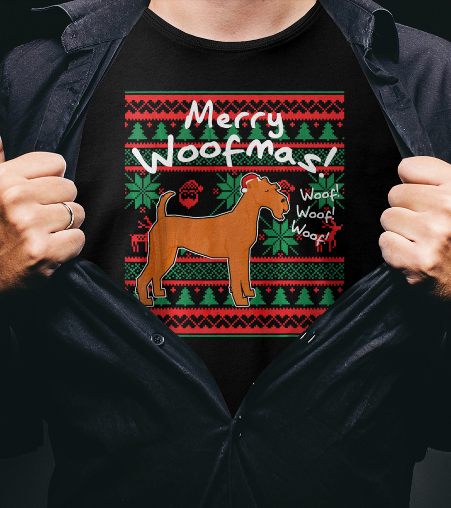 Merry Woofmas Irish Terrier Dog Woof Woof Santas Hat Fair Isle Pattern Sweater Holiday T-Shirt