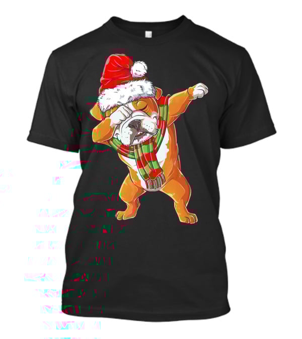 Dabbing English Bulldog Santa Claus With Christmas Hat And Scarf T-Shirt