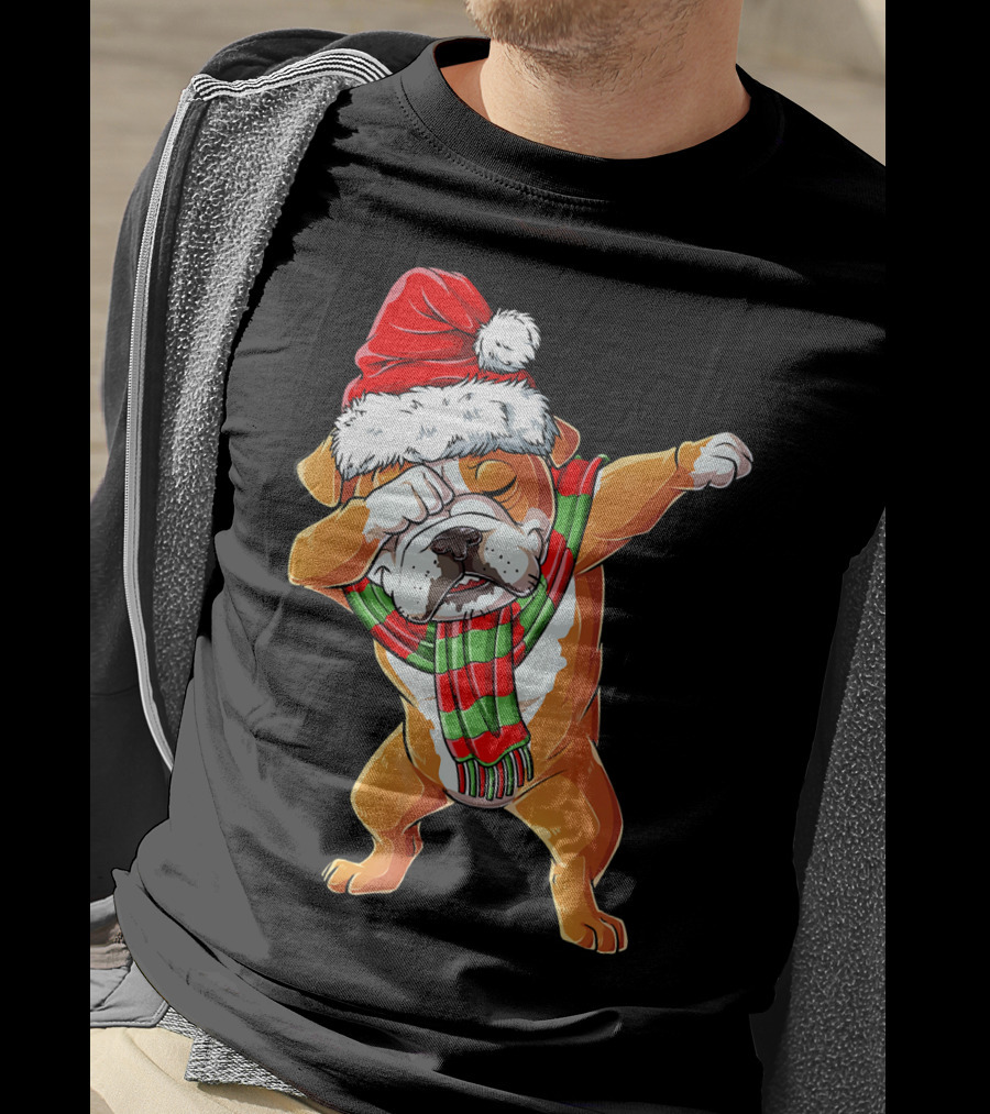 Dabbing English Bulldog Santa Claus With Christmas Hat And Scarf T-Shirt