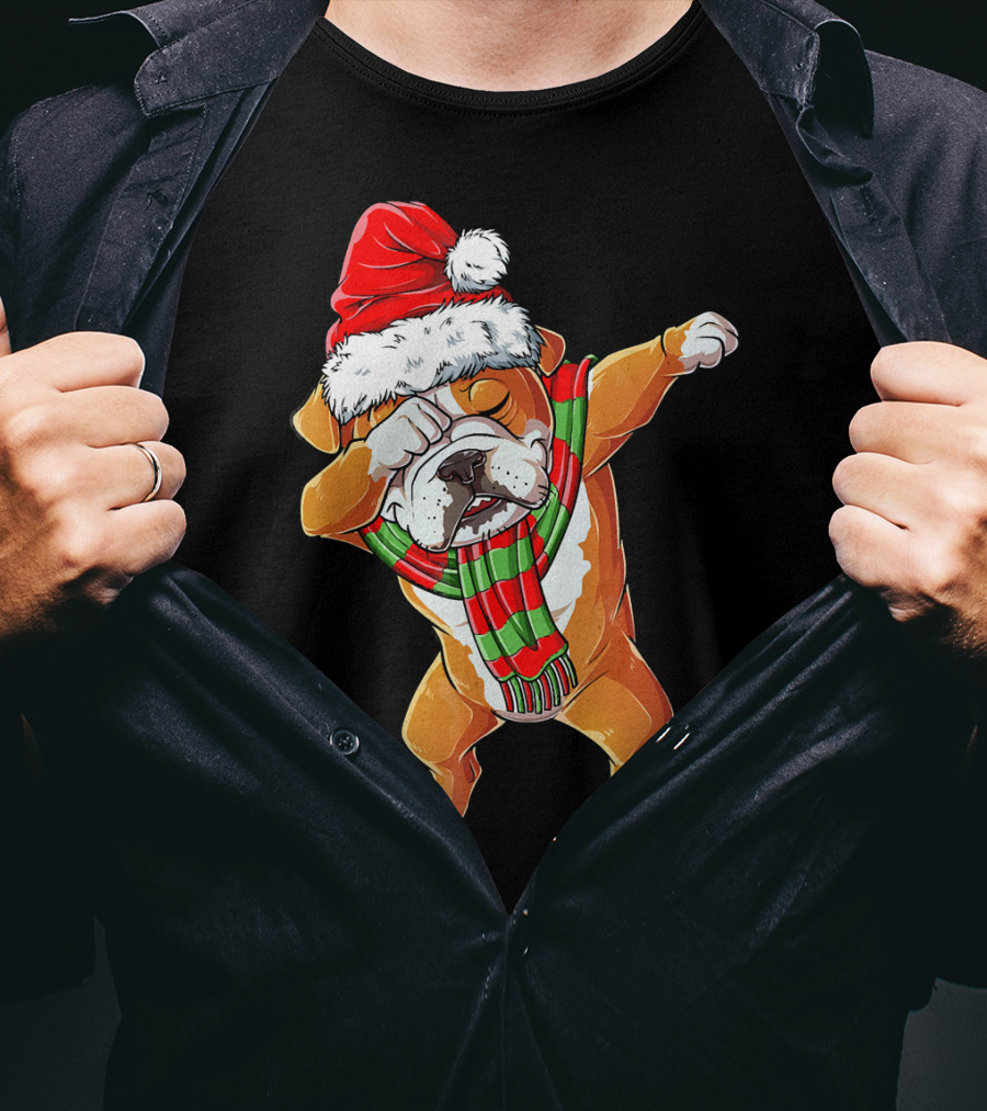 Dabbing English Bulldog Santa Claus With Christmas Hat And Scarf T-Shirt