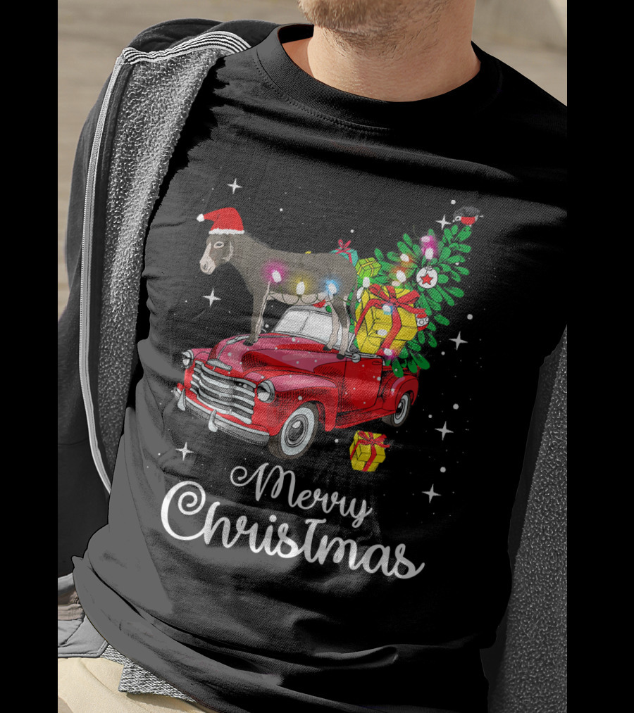 Merry Christmas Donkey Rides Red Truck With Santa Hat And Presents T-Shirt